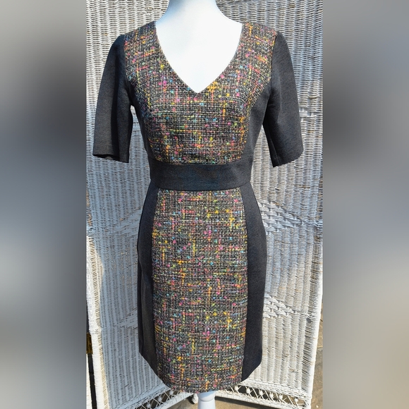 Trina Turk Size 4 Tweed Panel Sheath Dress Green Gray Beck Half Sleeve Lined - Picture 1 of 6